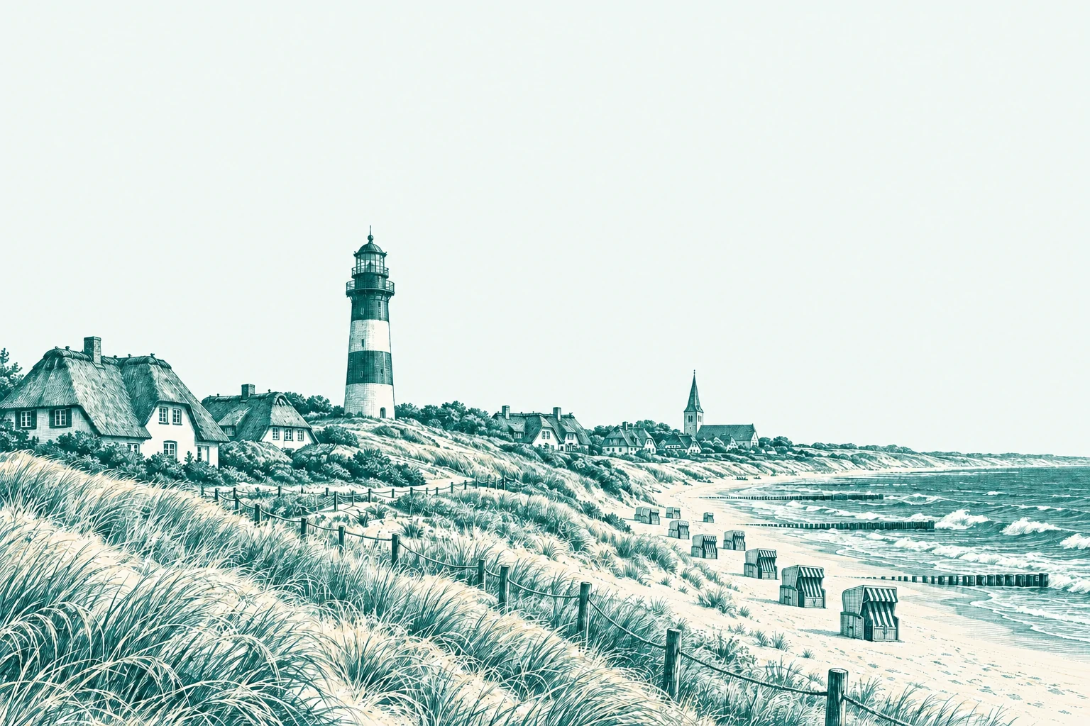 Illustration der Sylter Küste mit Kampener Leuchtturm, Reetdachhäusern und Dünen.
