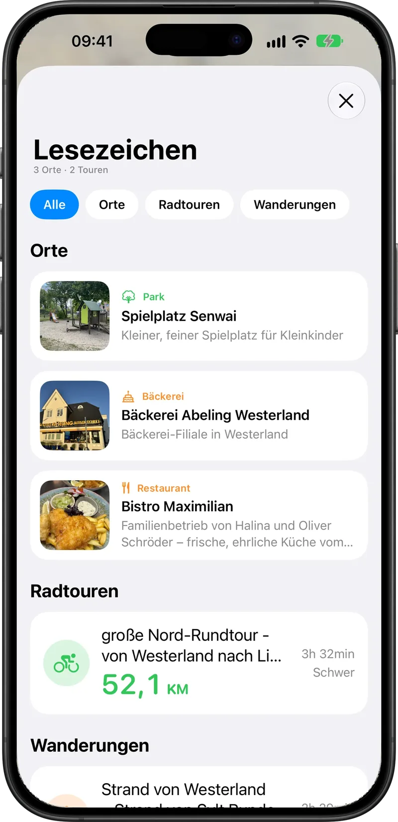 Lesezeichen mit Filtern für Orte, Radtouren und Wanderungen