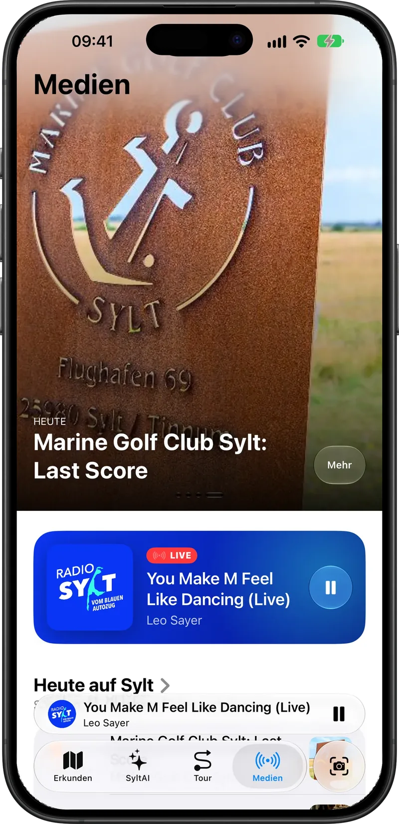 Medien-Tab mit der Live-Karte von Radio Sylt, die gerade spielt