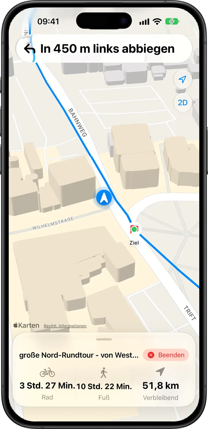 Navigation in 3D: in 450 Metern links abbiegen, 51,8 Kilometer verbleibend