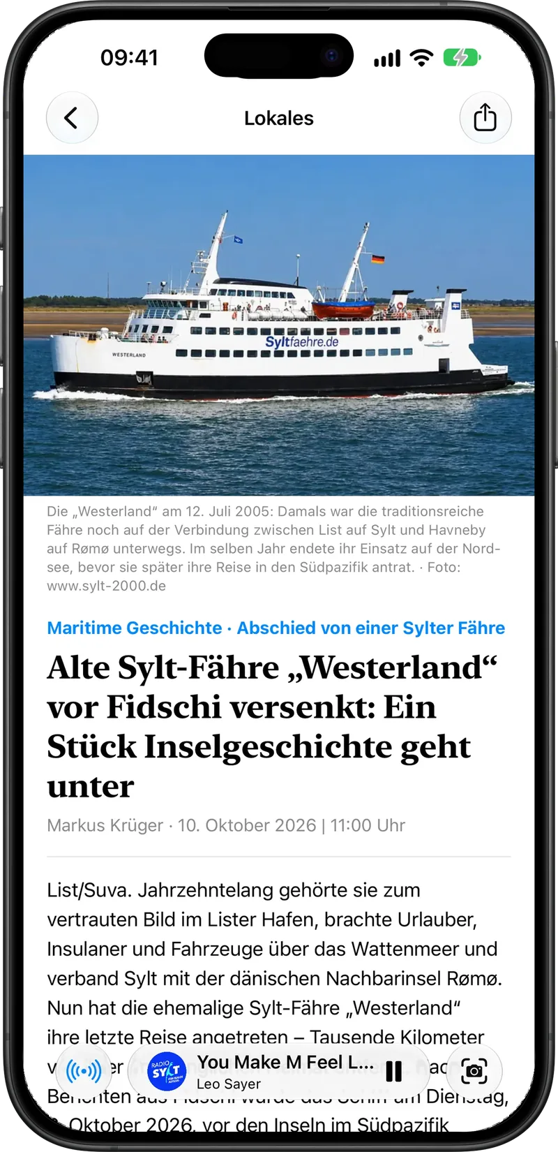 Nachrichtenartikel über die alte Sylt-Fähre Westerland mit großem Foto