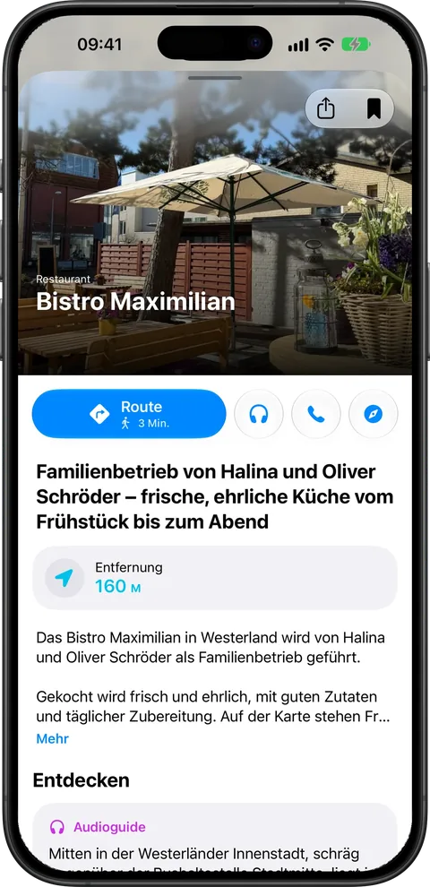 Ort im Detail: Bistro Maximilian mit Route, Audioguide und Anruf