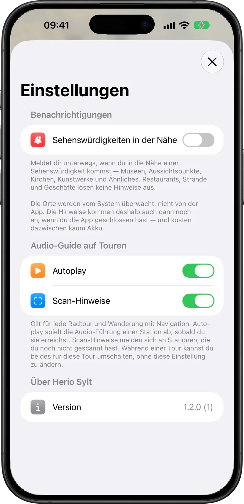 Einstellungen für Hinweise auf Sehenswürdigkeiten in der Nähe und den Audio-Guide auf Touren