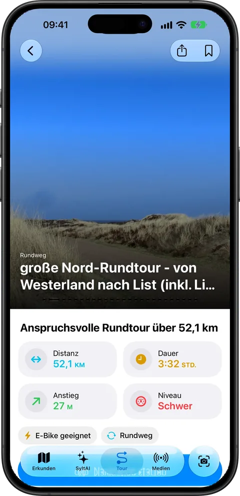 Radtour mit Distanz, Dauer, Anstieg und Niveau