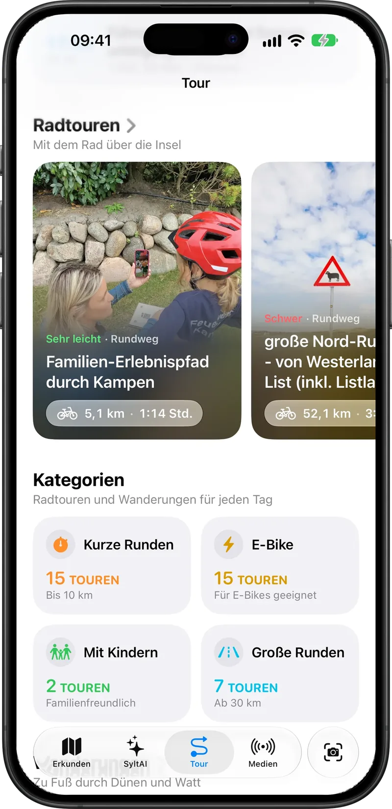 Radtouren als Bildkarten und Kategorien für kurze Runden, E-Bike, Kinder und große Runden